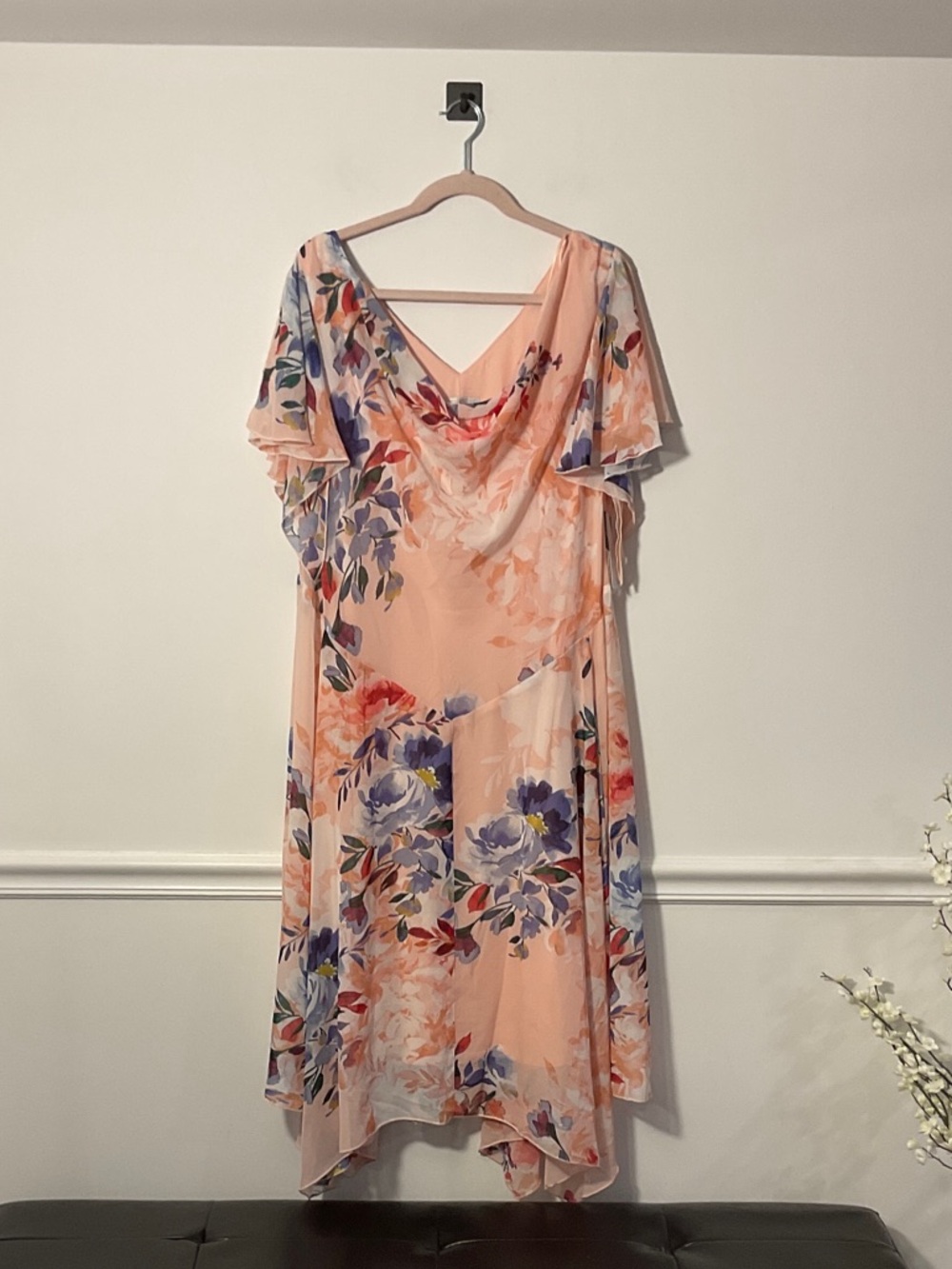 Signature by Robbie Bee Peach Floral High-Low Dress with V-Cowl